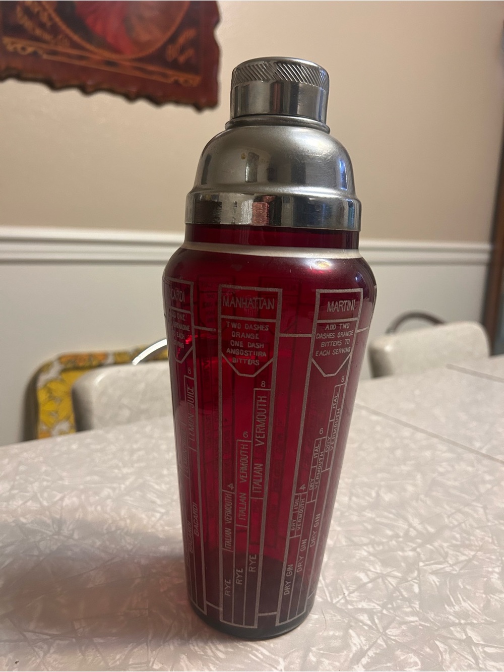 Vintage glass Red Cocktail Shaker with Printed Recipe Guide